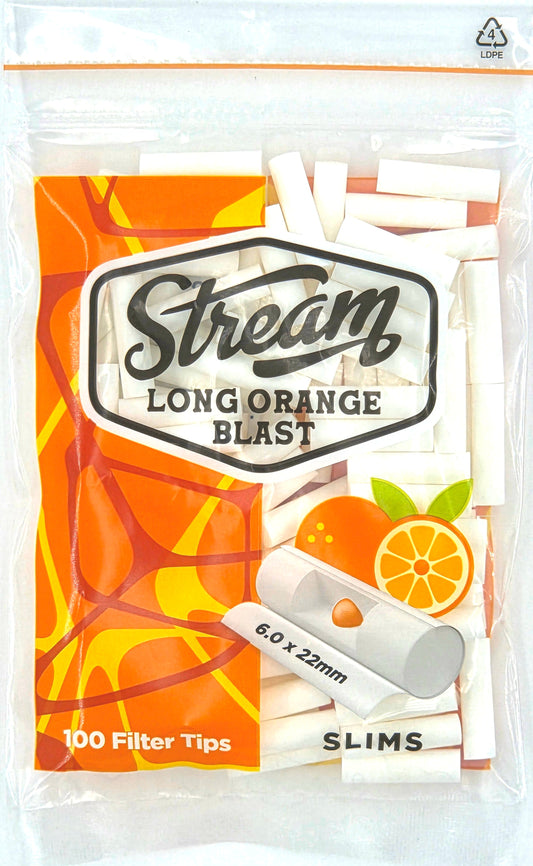 STREAM | Slims Long Orange Blast RYO Filters Display Carton - 10 Bags (Orange Capsule Type)