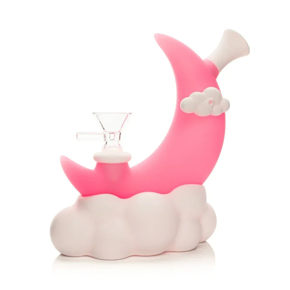 Lit Silicone 6.5" Glow in the Dark Pink Moon Water Pipe