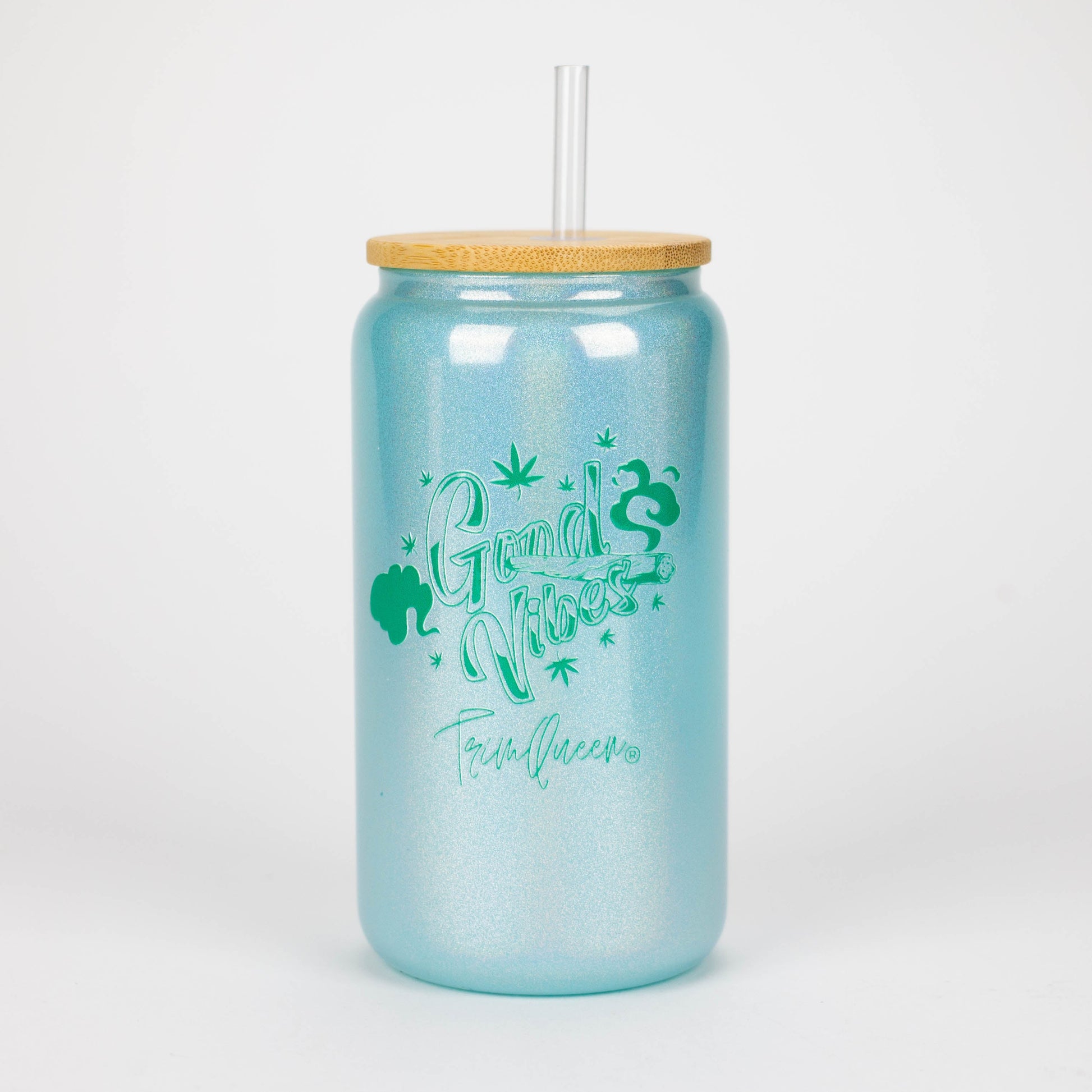 TRIM QUEEN | GOOD VIBES GLASS TUMBLER WITH LID AND STRAW_1