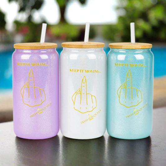 TRIM QUEEN | MIDDLE FINGER GLASS TUMBLER WITH LID AND STRAW_0