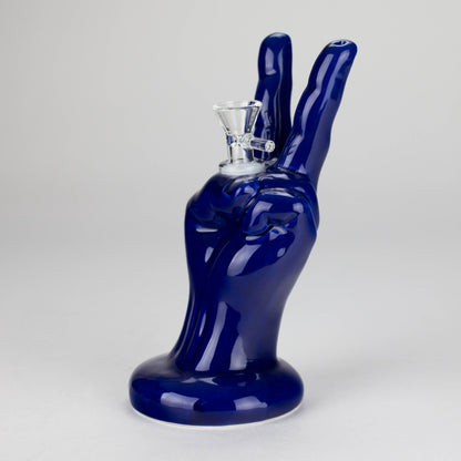 8" Vintage Blue Victory Hand Ceramic Bong – Retro Symbolic Design [ES091WP]