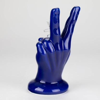 8" Vintage Blue Victory Hand Ceramic Bong – Retro Symbolic Design [ES091WP]
