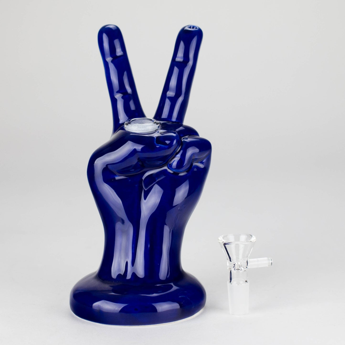 8" Vintage Blue Victory Hand Ceramic Bong – Retro Symbolic Design [ES091WP]