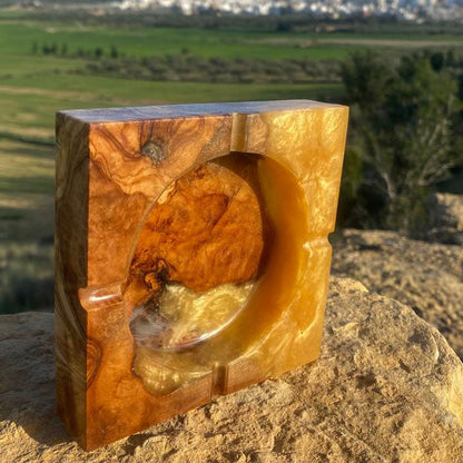 Olive Wood Orange Epoxy Ash Tray – Handcrafted Tunisian Ashtray, Resin & Olive Wood Collector’s Piece