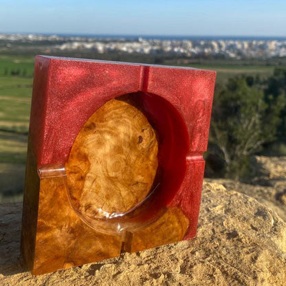 Olive Wood Orange Epoxy Ash Tray – Handcrafted Tunisian Ashtray, Resin & Olive Wood Collector’s Piece