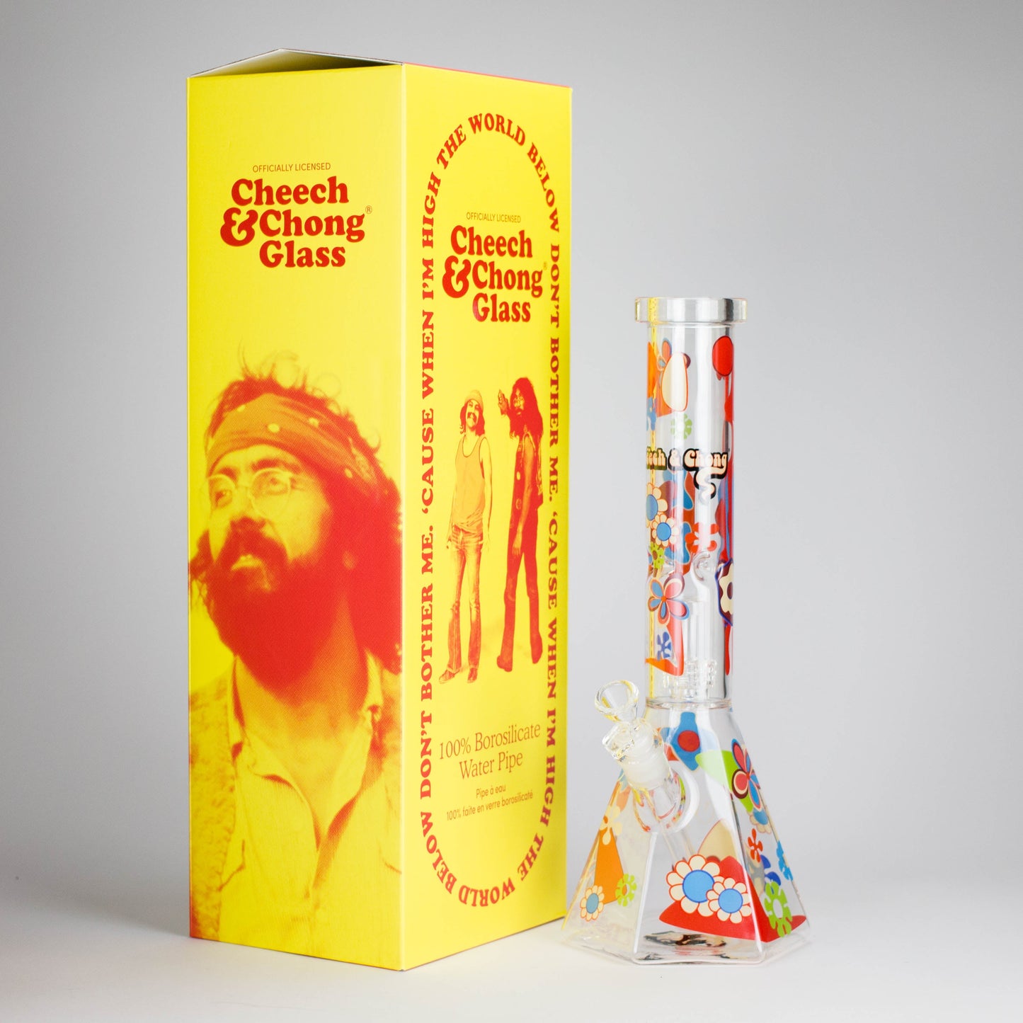 Cheech & Chong® Glass | 15" Tall Clear Power To The Flower Dual Chamber Hex Beaker Base Water Pipe