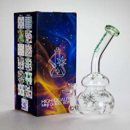 Haze | 9″ Bubble Base Glass Bong – Green Weed Leaf Design (Mini-A)