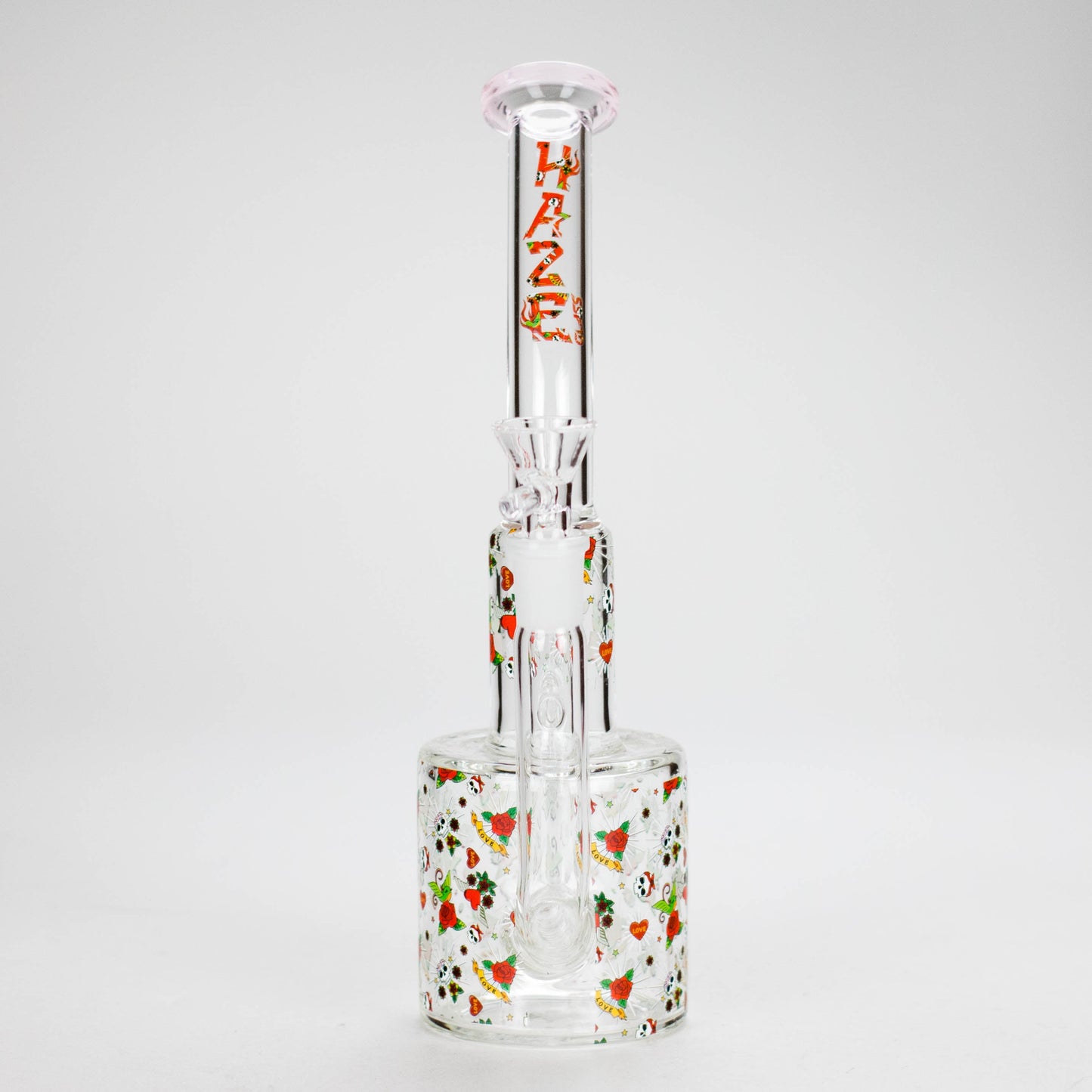 Haze | 10″ Skull & Red Roses Glass Bong – Pink (Mini-S)