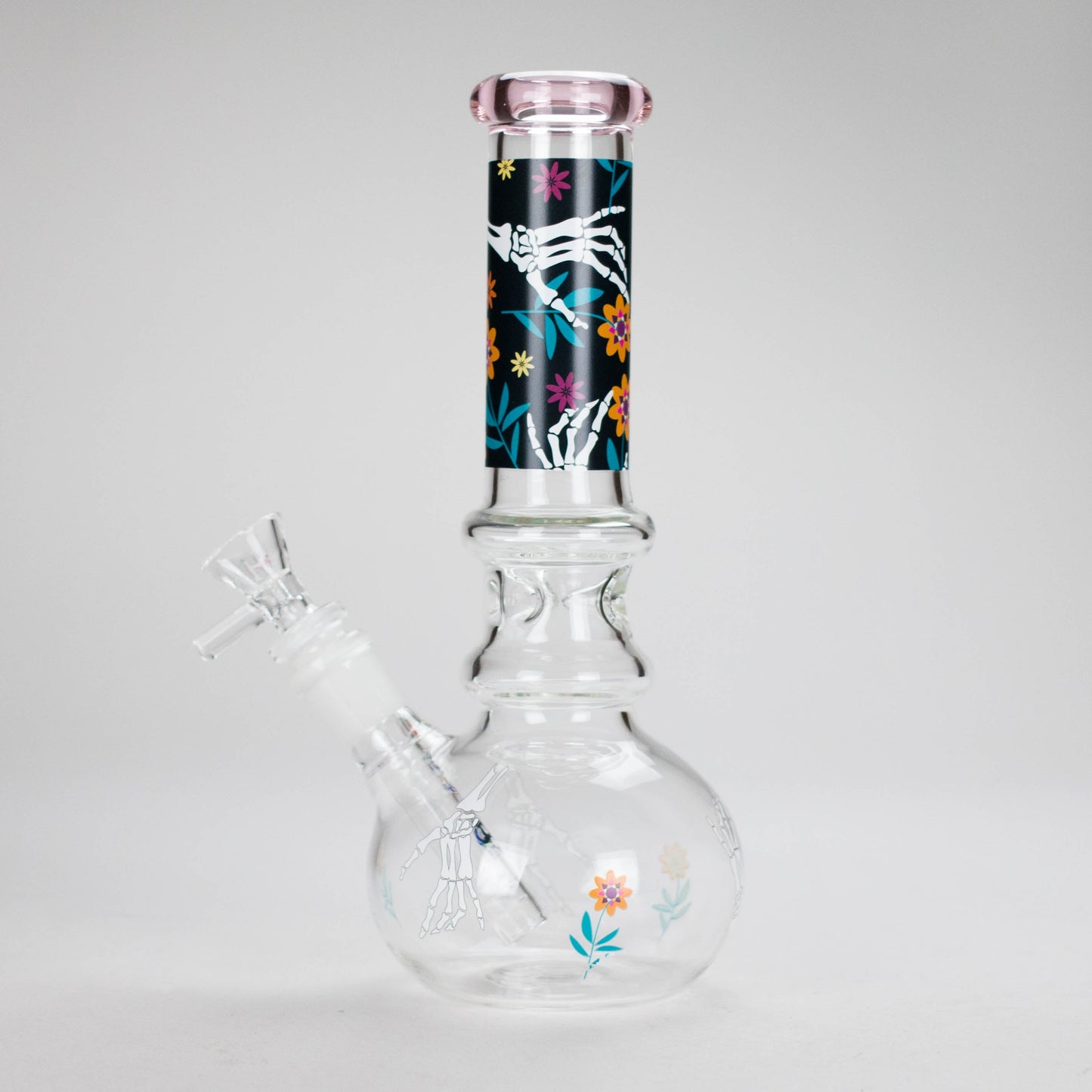 Haze | 9″ Skull Hand & Flower Bubble Base Glass Bong – Pink (Mini-V)
