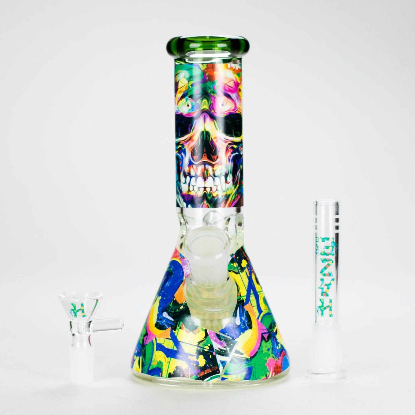 Haze | 8″ Skull Beaker Glass Bong with Color Lip – Green (Mini-Y)