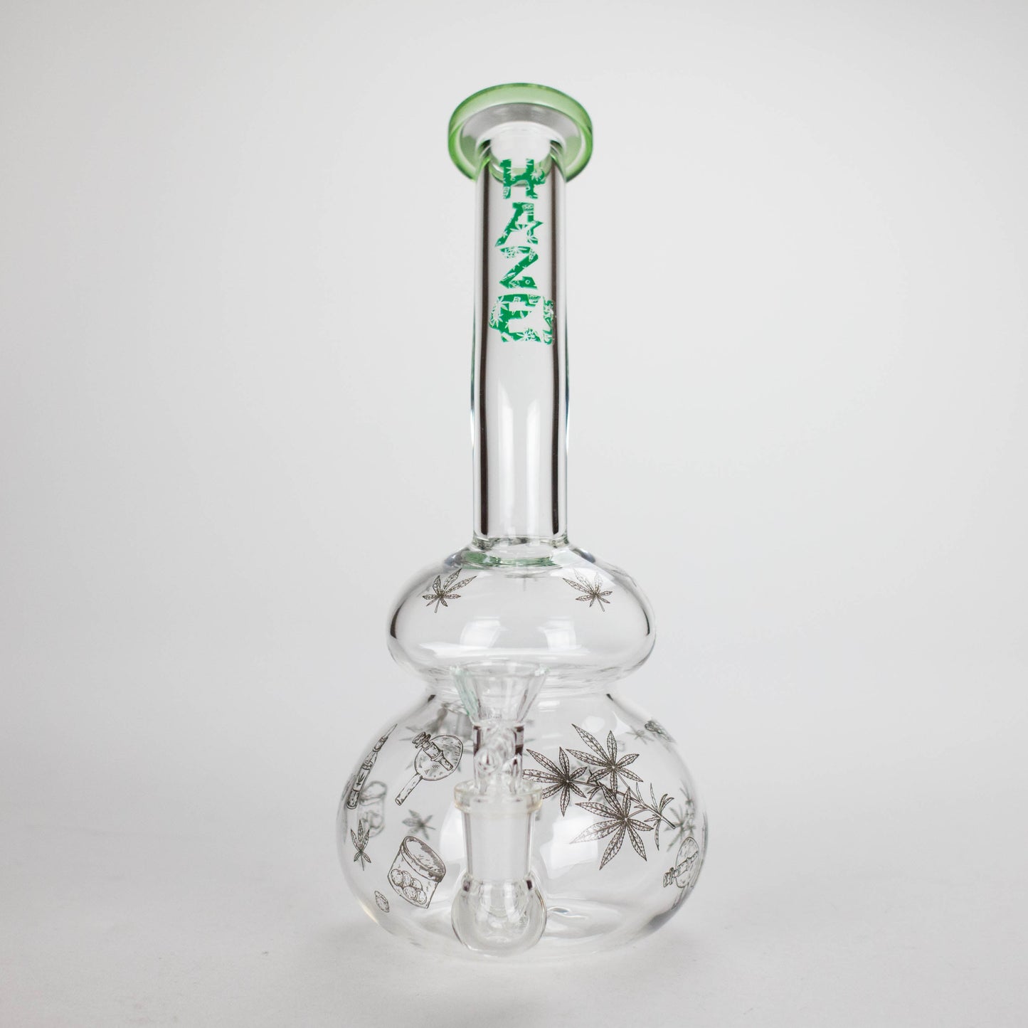 Haze | 9″ Bubble Base Glass Bong – Green Weed Leaf Design (Mini-A)