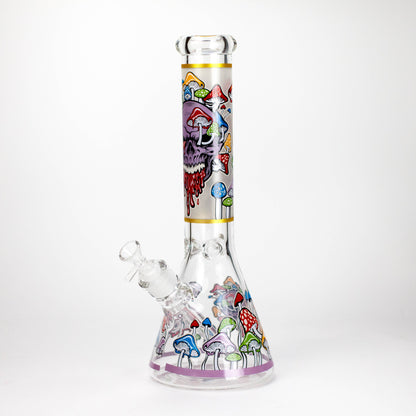 14" Mushroom Skull Design 7mm Thick Heavy Duty Glass Beaker Bong - Glow in the Dark