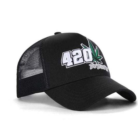 High-Crown 5-Panel “420” Embroidered Cap - Black