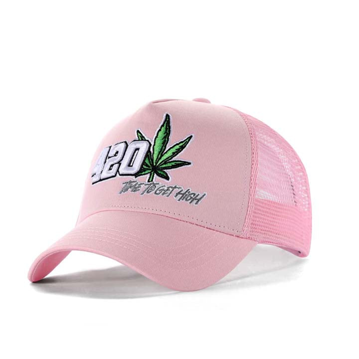 High-Crown 5-Panel “420” Embroidered Cap - Pink