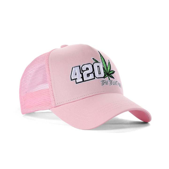 High-Crown 5-Panel “420” Embroidered Cap - Pink