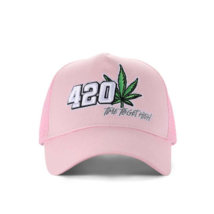 High-Crown 5-Panel “420” Embroidered Cap - Pink