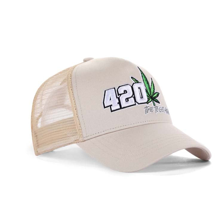 High-Crown 5-Panel “420” Embroidered Cap - Beige