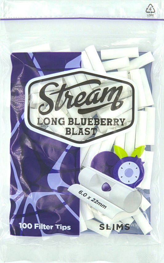 STREAM | Slims Long Blueberry Blast RYO Filters Display Carton - 10 Bags (Blueberry Capsule Type)