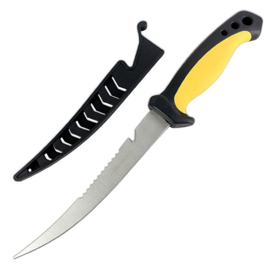 11.5″ Defender Comfort Yellow Grip Fish Fillet Knife Serrated Edge Blade w/ Sheath [9764B]