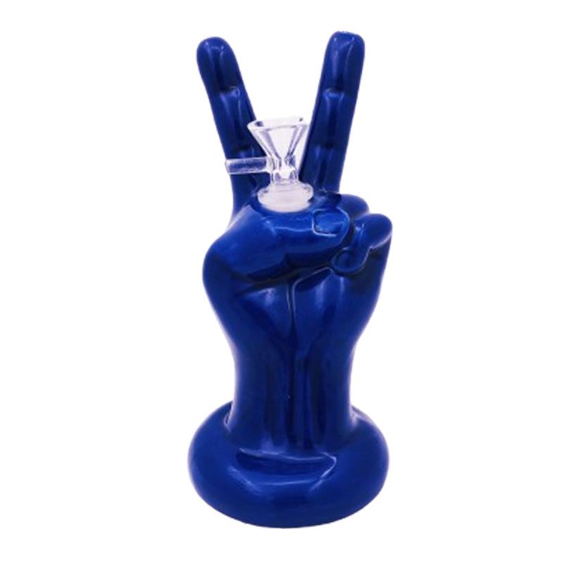 8" Vintage Blue Victory Hand Ceramic Bong – Retro Symbolic Design [ES091WP]