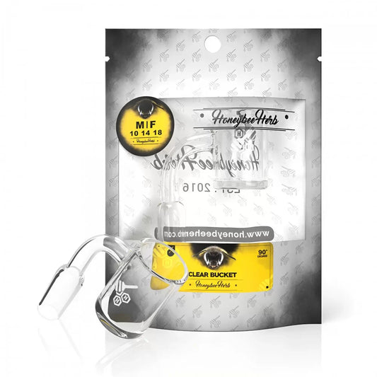 Honeybee Herb | 14mm Male Clear Bucket Quartz Banger – 90° White Line