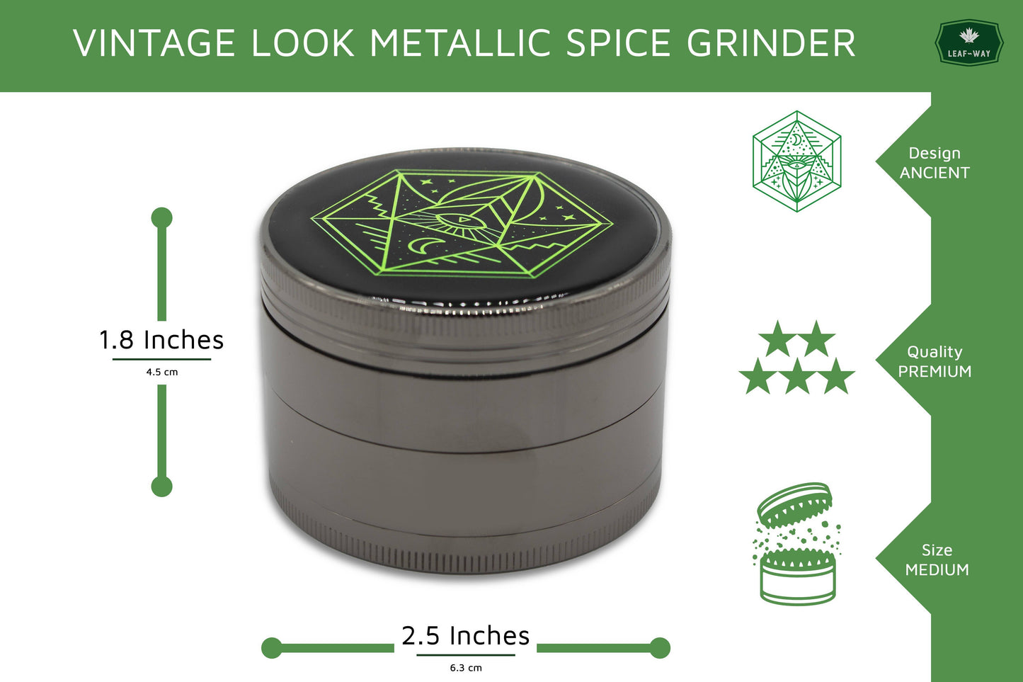 6.3 cm (2.5 inch) Spice Grinder, 4 Part, Vintage, Ancient Symbol Design, Magnetic Lid, Durable Zinc Alloy, Pollen Catcher - Leaf-Way Brand Accessories_1
